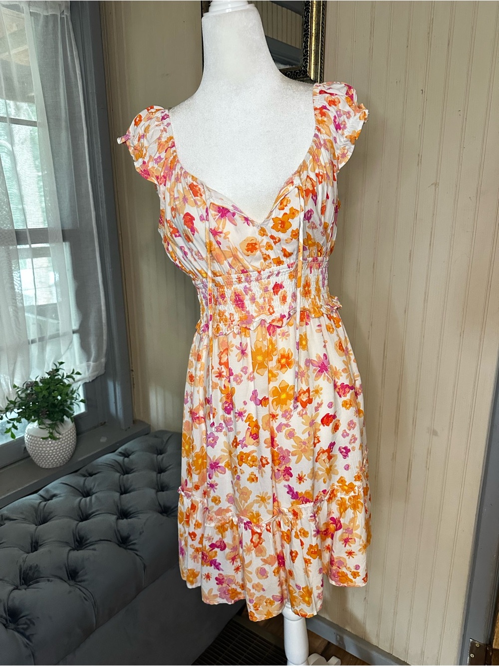 Wild Fable Floral Mini Dress Womens Medium Cottagecore Smocked Puff Sleeve Rayon